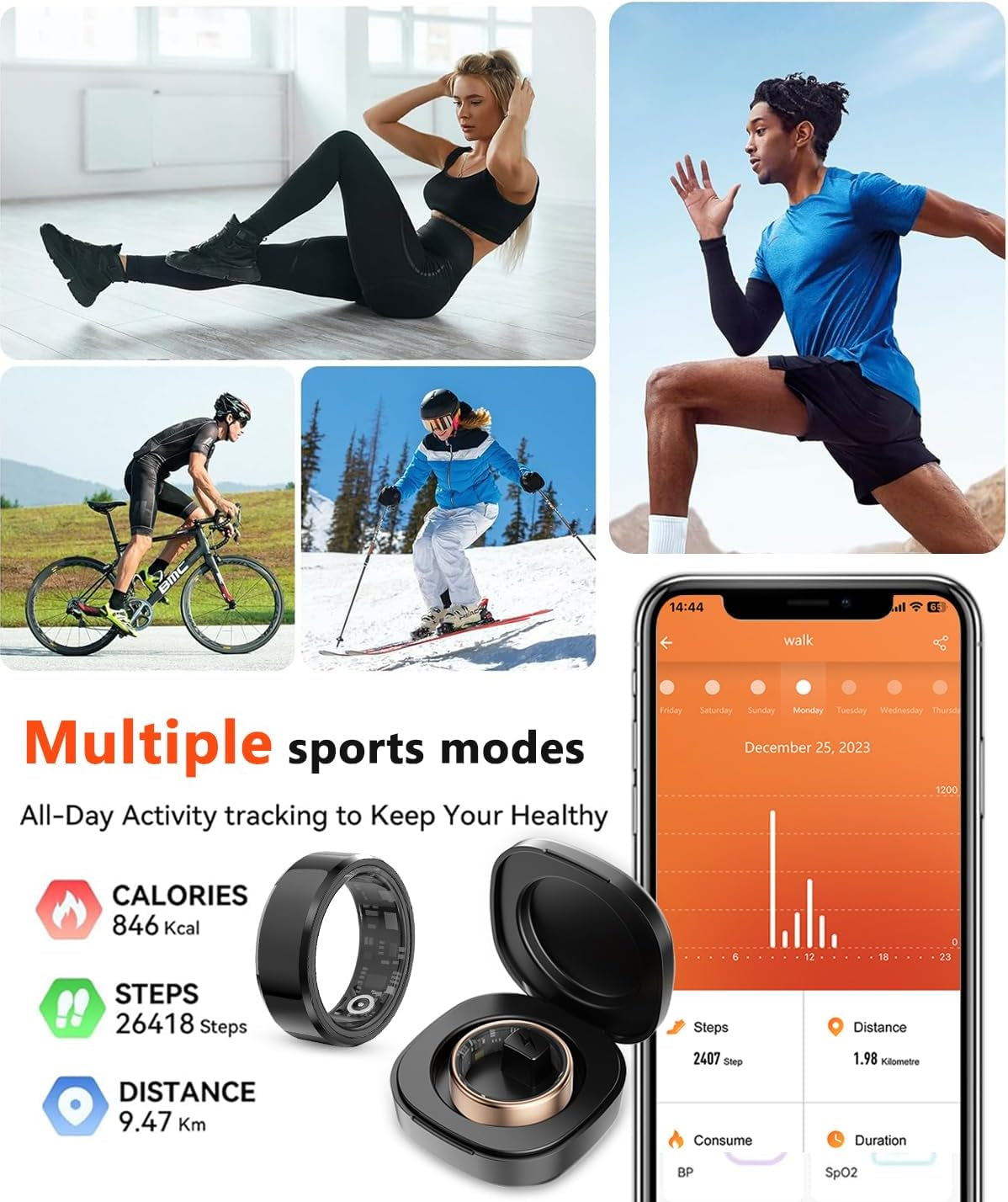 2025 Smart Health Tracking Ring for Men and Women - IP68 Waterproof Fitness Tracker with Sleep Monitoring, Heart Rate, Blood Oxygen, Step Count, Distance, Caloric Tracking, Air Shutter, and 7-Day Charging Case